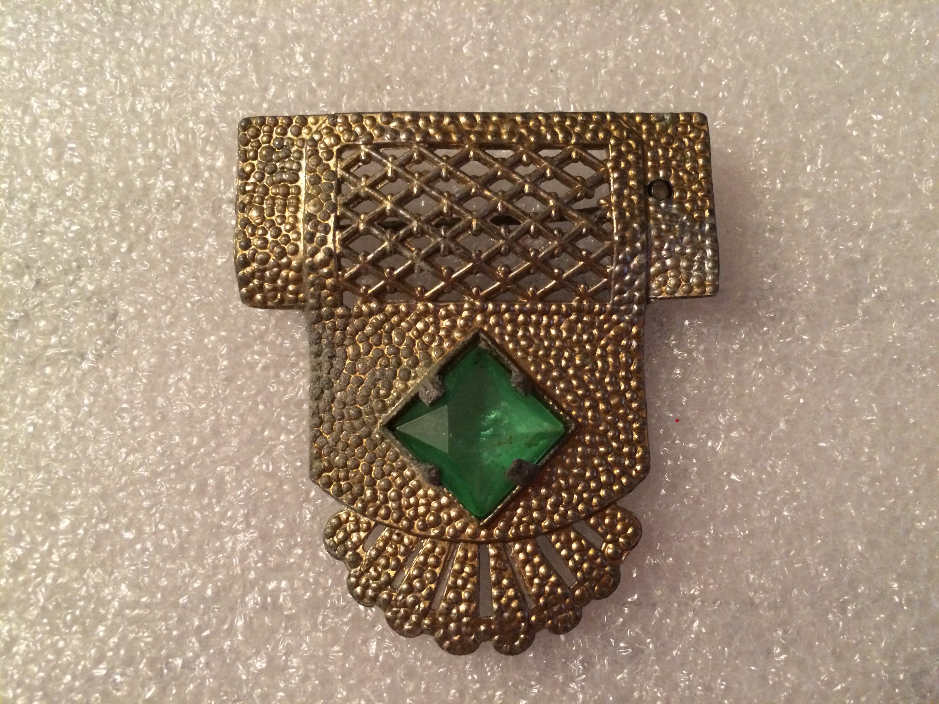 ANTIQUE - 1920s Pot Metal Faceted Green Glass Stone Brooch