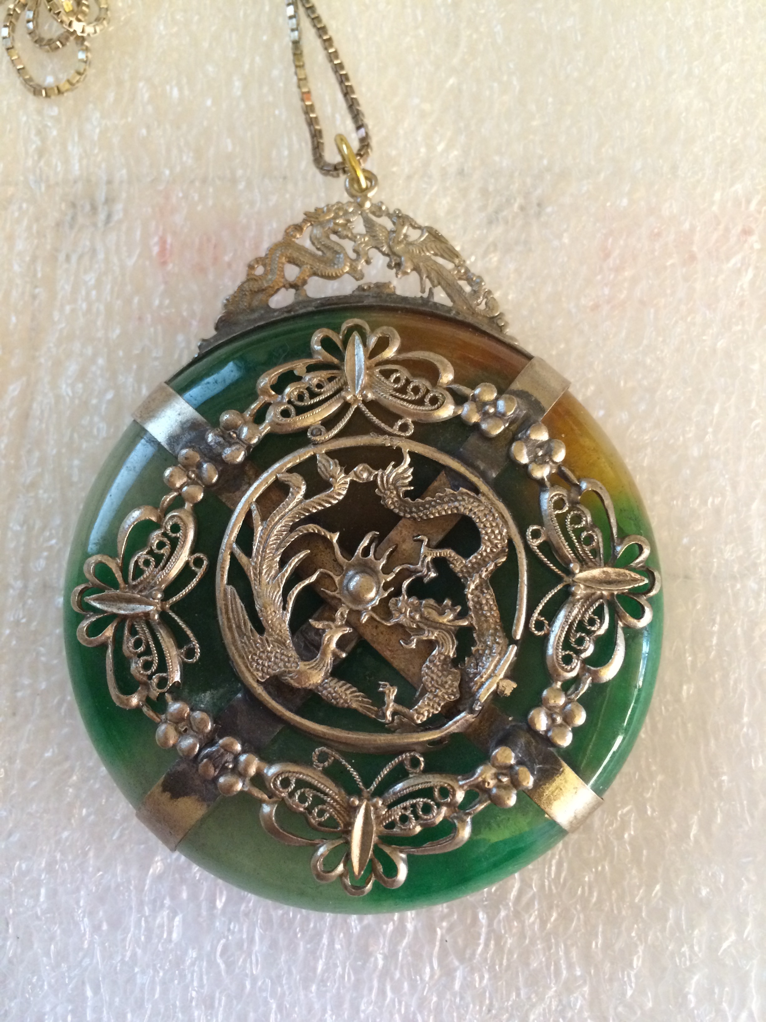 ANTIQUE - 1900 Antique Imperial Jade Dragon & Butterfly Disk Pendant, 14k White Gold